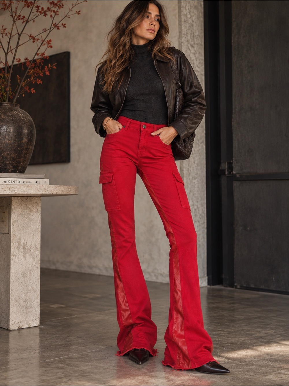 VALABASAS Red Stacked Flare Cargo Jeans Coated Panel Raw Hem Size 30 NWT
